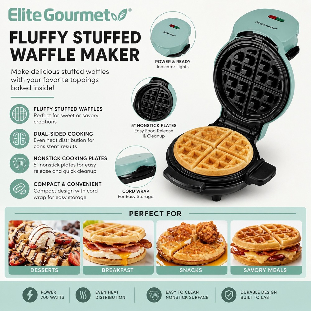 Elite Gourmet Fluffy‎ Stuffed Waffle Maker Mint Green EWM380M New in Box